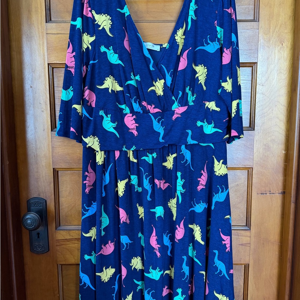 Modcloth Asymmetrical Dress with Dinosaur Print - Blue, Yellow, Pink